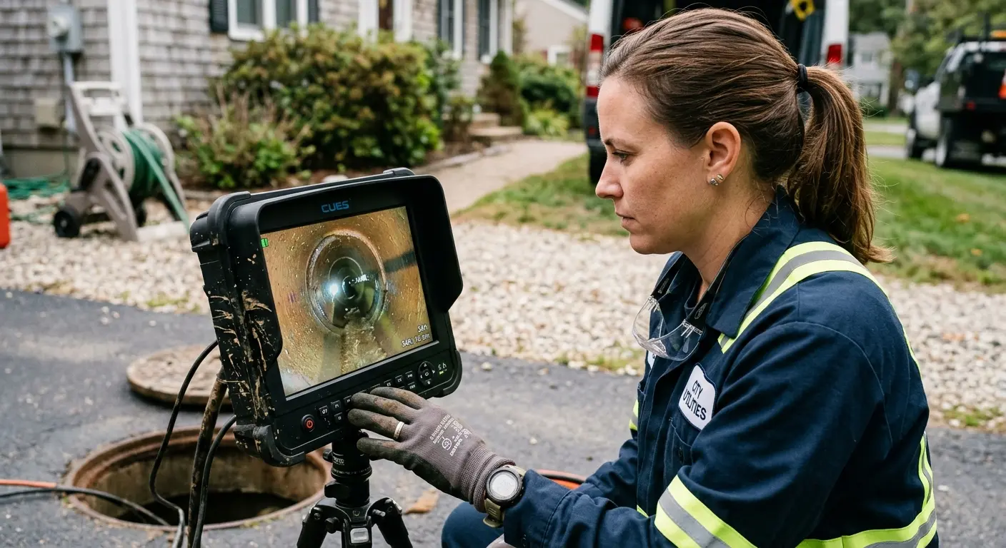 Technician reviewing sewer camera inspection footage in Zeeland