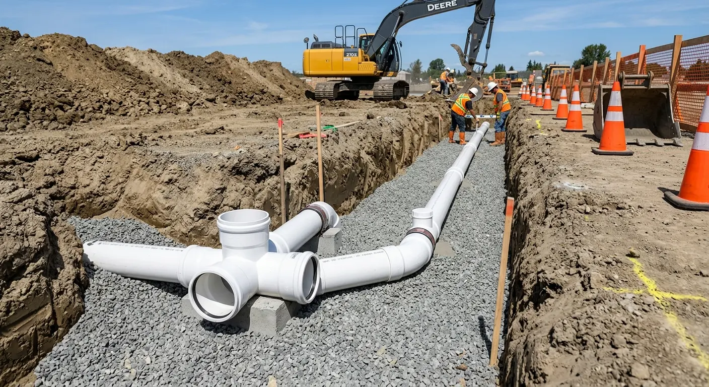 New PVC sewer pipe installation in open trench for Commercial Drain Cleaning in Zeeland